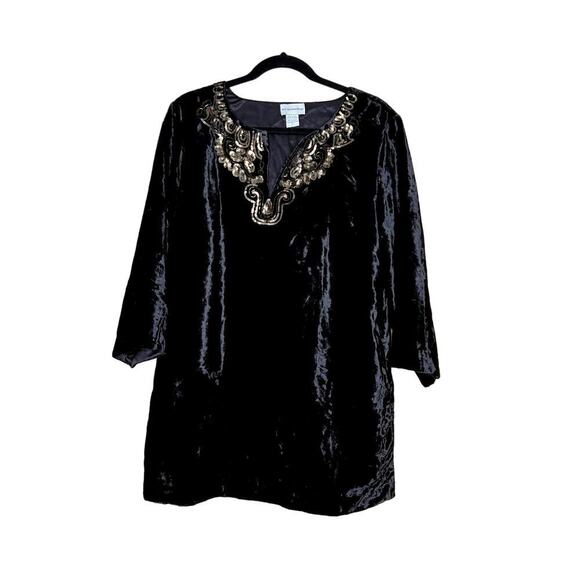 Soft Surroundings womens size large tunic/dress crushed black velvet gold sequin - Picture 1 of 7